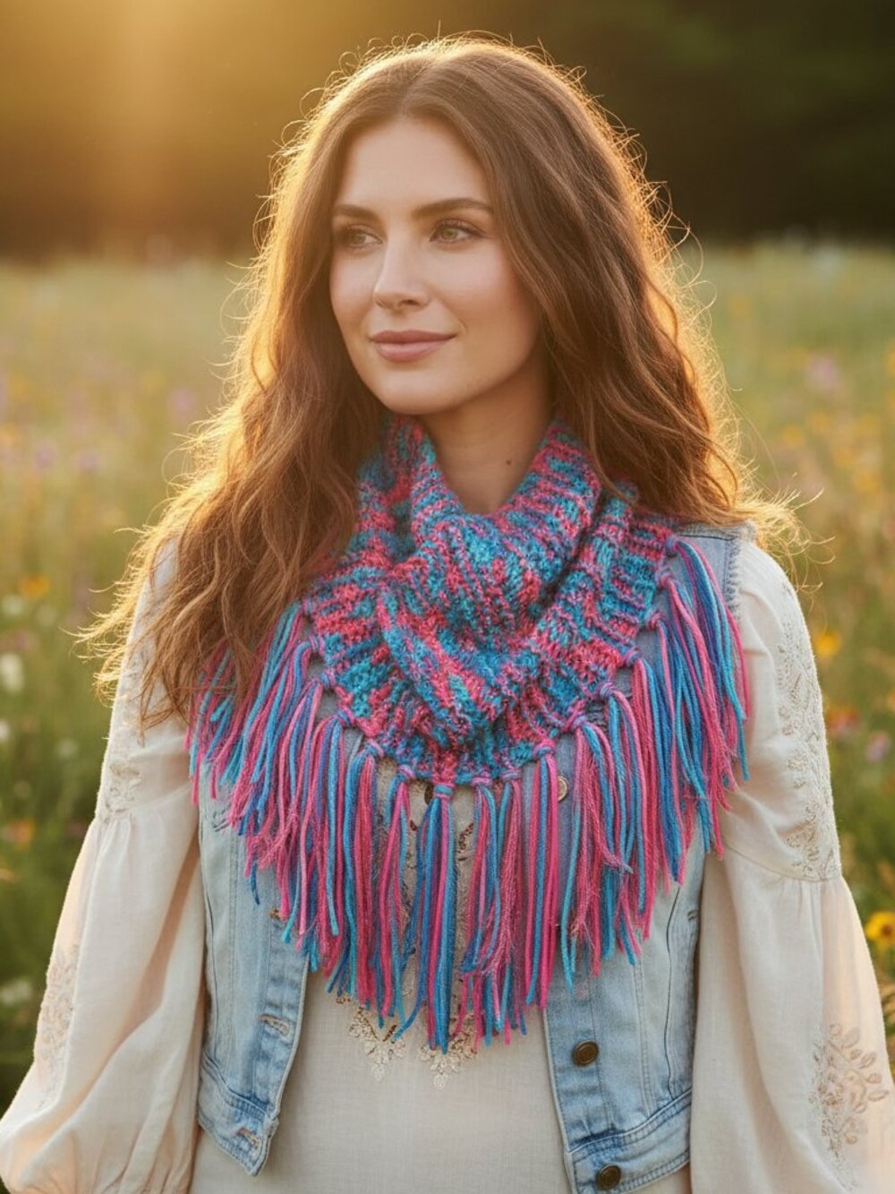 NEW Cowl Scarf‎ Hand Knitted Turquoise Blue Pink Boho Coastal Whimsy Festival